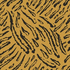 A seamless pattern with abstract wavy stripes in black, white and gold creating a dynamic animal-inspired design with a modern twist.