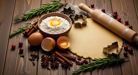 Baking Ingredients and Tools for Festive Cookies on Wooden Surface.