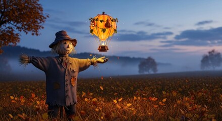 A scarecrow in a field with a pumpkin shaped hot air balloon floating above it at dusk in autumn season