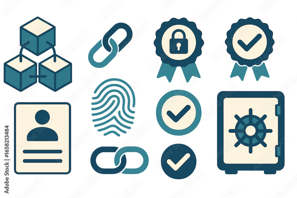 Poster blockchain and authentication digital security icons