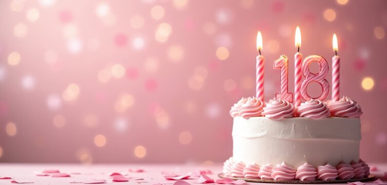 Festive pink birthday cake with lit candles spelling out 18. Soft bokeh lights and decorations create a celebratory atmosphere for a milestone 18th birthday party. Elegant dessert setting.