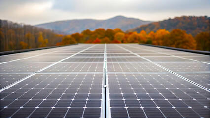 Solar panels on roof with autumn landscape background
