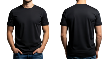 Front and back view of a black short sleeve shirt isolated on transparent background