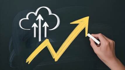 Hand Drawing Cloud Computing Diagram with Ascending Arrow on Blackboard Demonstrating Growth and Data Migration with Chalk