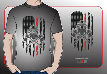Firefighter American Flag T-Shirt Design Thin Red Line, Axes & Helmet Graphic