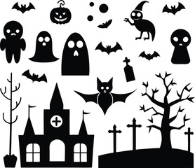 Spooky Halloween Silhouettes: Ghosts, Bats, Pumpkins, and Haunted Castle