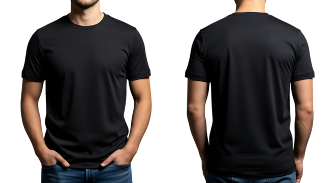 Front and back view of a black short sleeve shirt isolated on transparent background