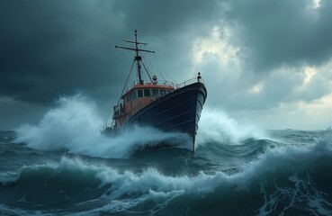 Obraz premium Fishing boat navigates turbulent sea, waves crashing under stormy sky. Vessel battles rough ocean, showcasing resilience against dramatic weather. Nautical challenge, survival, maritime transport.