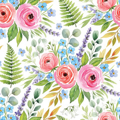 Seamless floral pattern with pink flowers and leaves for decorative wallpaper and textile design