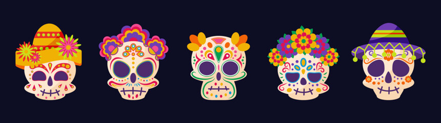 Day of the Dead skulls decoration with different ornaments, hats and flowers. Mexican celebration Dio De Muertos decorative element set. Vector illustration. 