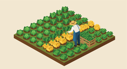 Farmer harvests turnips in veggie garden; cabbages in background for illustration