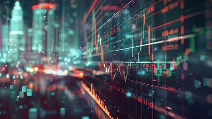 Abstract cityscape backdrop with financial data overlay.