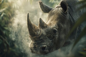 Rhino head detailed texture two horns jungle backdrop muted colors mist