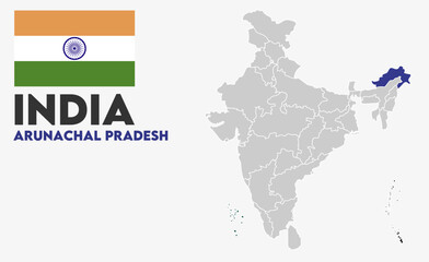 Obraz premium Arunachal Pradesh political map, Indian states, suitable for education, business, presentations, print, web use, and creative geographic projects. Indian union territory.