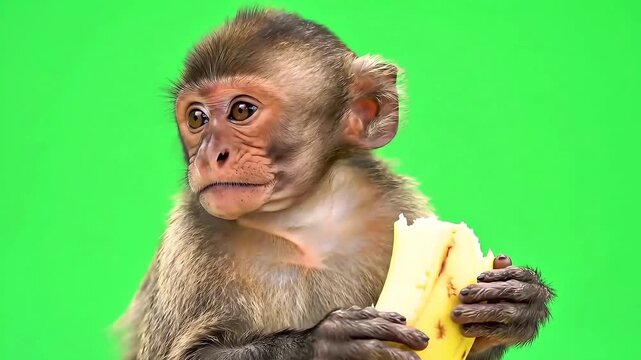 Baby monkey eating banana against vibrant green screen, looking thoughtful and content, creating a whimsical and lighthearted scene.