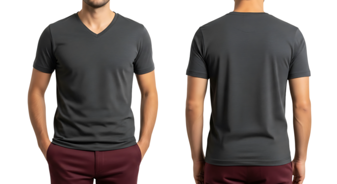 Dark gray vneck tshirt for men isolated on transparent background