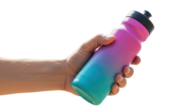 Gradient Water Bottle Held in Hand cutout isolated on transparent bg, png