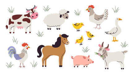 Farm Animals vector Illustration. Cow, sheep, horse, pig, rooster, hen with chicks, goose, and goat on a white background with grass elements. 