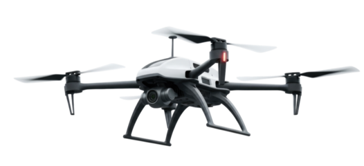 White Quadcopter Drone with Camera cutout isolated on transparent bg, png