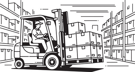 Black and white illustration of a forklift in a warehouse © reza