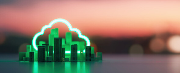Smart city skyline with neon green cloud icon. Futuristic technology, cloud computing and sustainable innovation concept