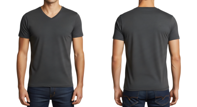 Dark gray vneck tshirt for men isolated on transparent background