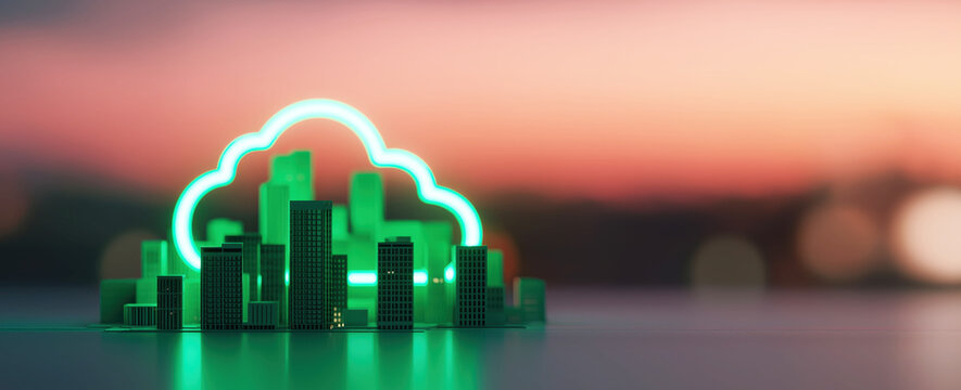 Smart city skyline with neon green cloud icon. Futuristic technology, cloud computing and sustainable innovation concept