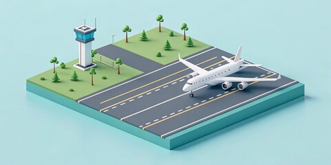 A charming voxel art isometric airport scene featuring a modern passenger jet on the tarmac with a control tower and lush green landscape