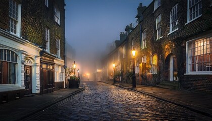 Obraz premium moody evening in victorian london gas lights illuminate foggy cobblestone streets