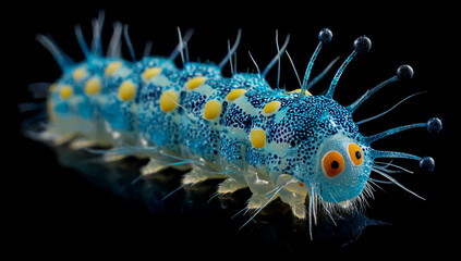 Close up of a vibrant blue caterpillar with yellow spots and spiky hairs