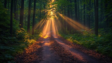 Obraz premium Sunbeams Shining Through Forest Trees onto a Dirt Path 