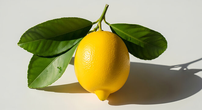 This high-key, clean product photograph captures a perfect yellow lemon with its leaves.