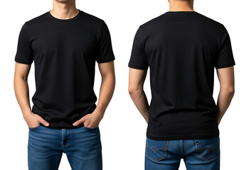 Man wearing a black tshirt isolated on transparent background, front and back view
