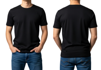 Man wearing a black tshirt isolated on transparent background, front and back view