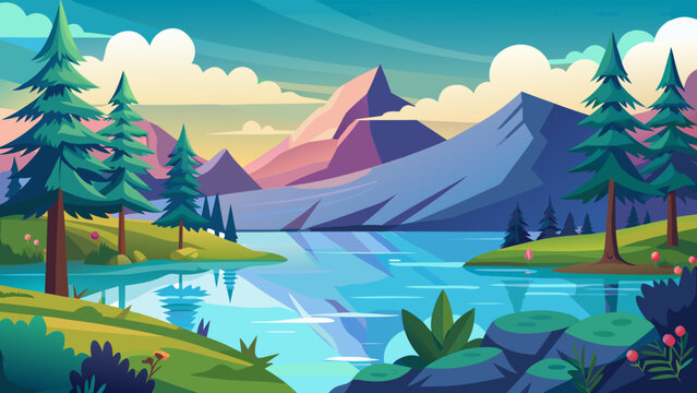 Vector art of a picturesque mountain lake reflects the surrounding landscape, creating a serene and inviting scene for nature lovers and outdoor enthusiasts alike