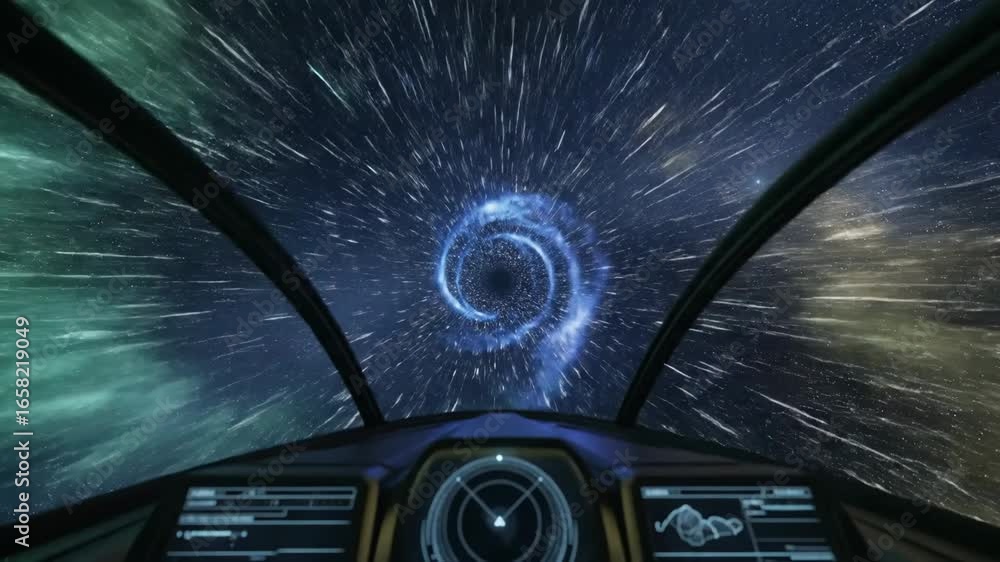 Poster hyperspace jump through nebula - a spaceship cockpit view shows the vessel traveling at light speed 