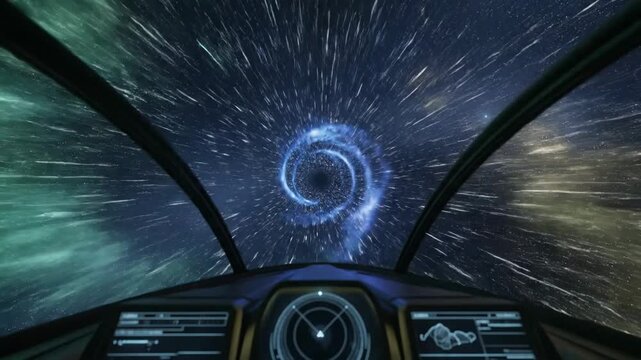Hyperspace Jump Through Nebula - A spaceship cockpit view shows the vessel traveling at light speed through a swirling nebula, entering a hyperspace tunnel.