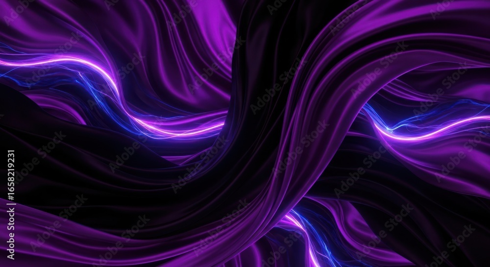 Poster a purple and black abstract background with glowing lines and flowing shapes creating a dynamic effe