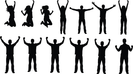 Silhouettes of people jumping and standing with arms raised, celebratory and excited poses, joy, freedom, victory, lifestyle, body language scene