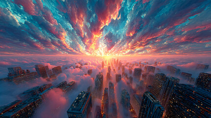 Futuristic City Above Clouds at Sunset