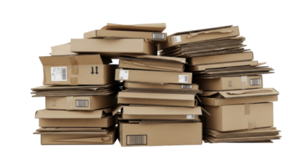Messy Stack of Brown Cardboard Shipping Boxes cutout isolated on transparent bg, png