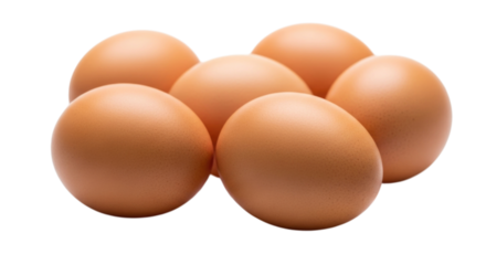 Pile of Six Raw Brown Chicken Eggs cutout isolated on transparent bg, png