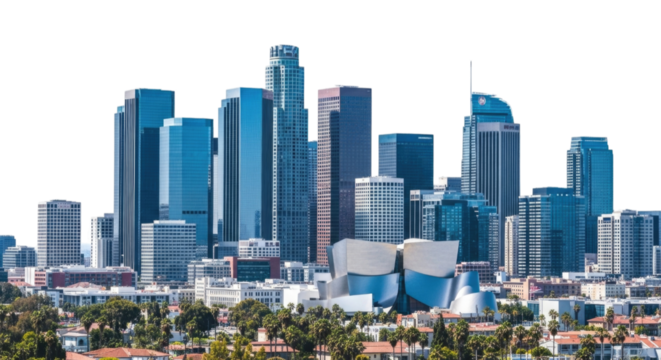 Downtown Los Angeles California Skyline cutout isolated on transparent bg, png