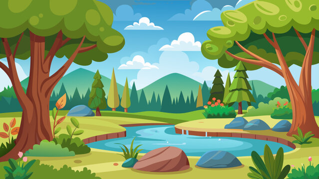Vector art of a picturesque cartoon landscape showcasing a serene lake surrounded by lush greenery, trees, and majestic mountains under a clear sky, ideal for nature enthusiasts
