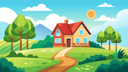 Naklejka premium Vector art of cartoon house on a hill with a winding path, trees, and a sunny sky, perfect for a rural or countrysidethemed illustration