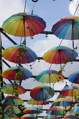 A street decoration with colorful umbrellas in Gabala in Azerbaijan