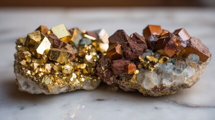 Stunning golden and brown mineral crystals displayed on white surface