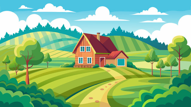 Vector art of beautiful countryside landscape with a cozy house nestled among green fields, trees, and a winding path under a bright, cloudy sky