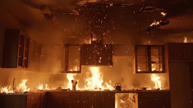 Kitchen Fire Damage - A kitchen engulfed in flames, showing significant fire damage to cabinets, counters, and ceiling. Debris and sparks are visible in the air.