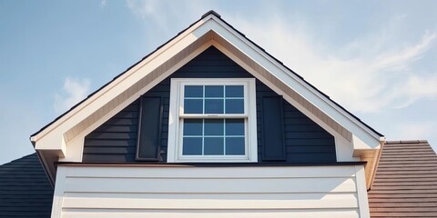 Gabled dormer window on a classic American style house roof, real estate photography, building material